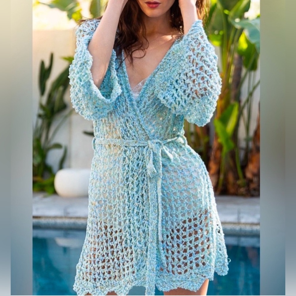POL Powder Blue Crochet Cardigan | Wrap Tie Waist | Scalloped Hem + Sleeves - Picture 1 of 7